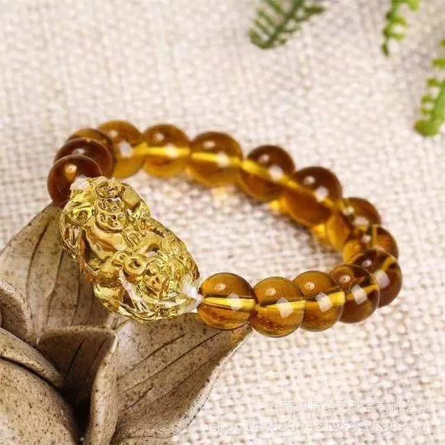 Feng Shui Pi Xiu Yellow Beads Bracelet Lucky Charm Dragon Pixiu Crystal Bracelet