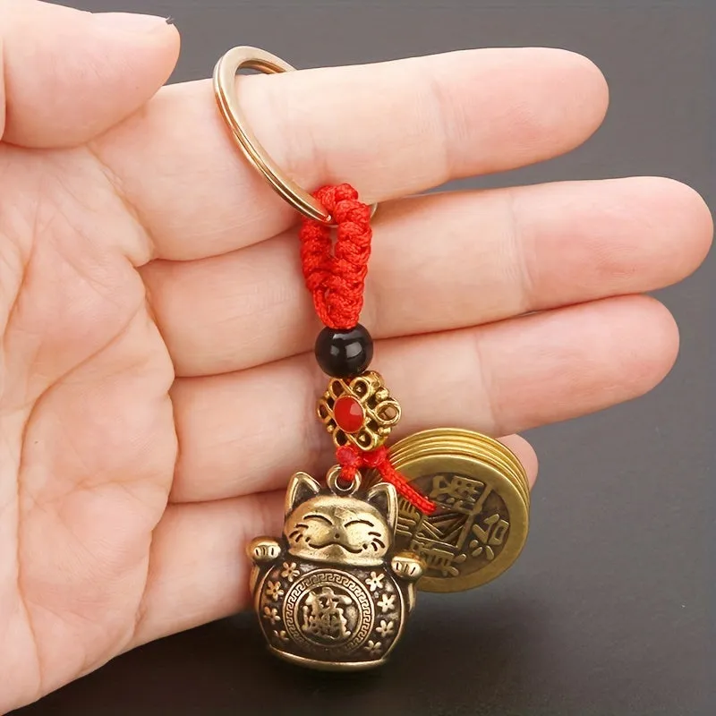 Fortune Cat Coin Keychain Set with Vintage Feng Shui Design