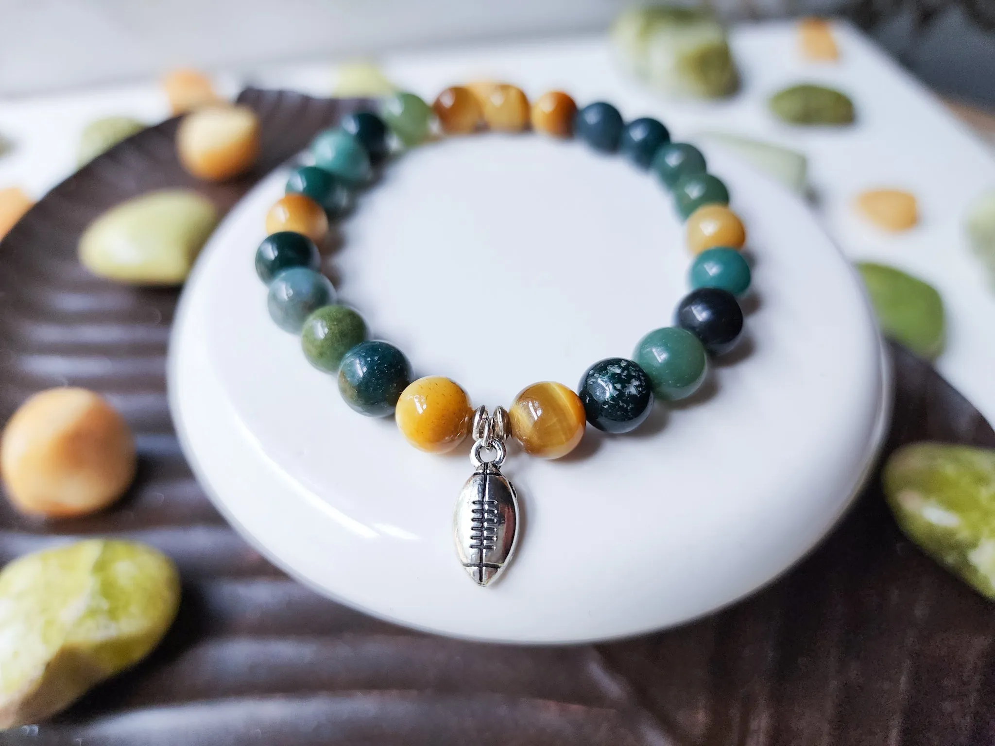 Green Bay Packers Beaded Bracelet || Moss Agate & Tiger Eye || Reiki Infused