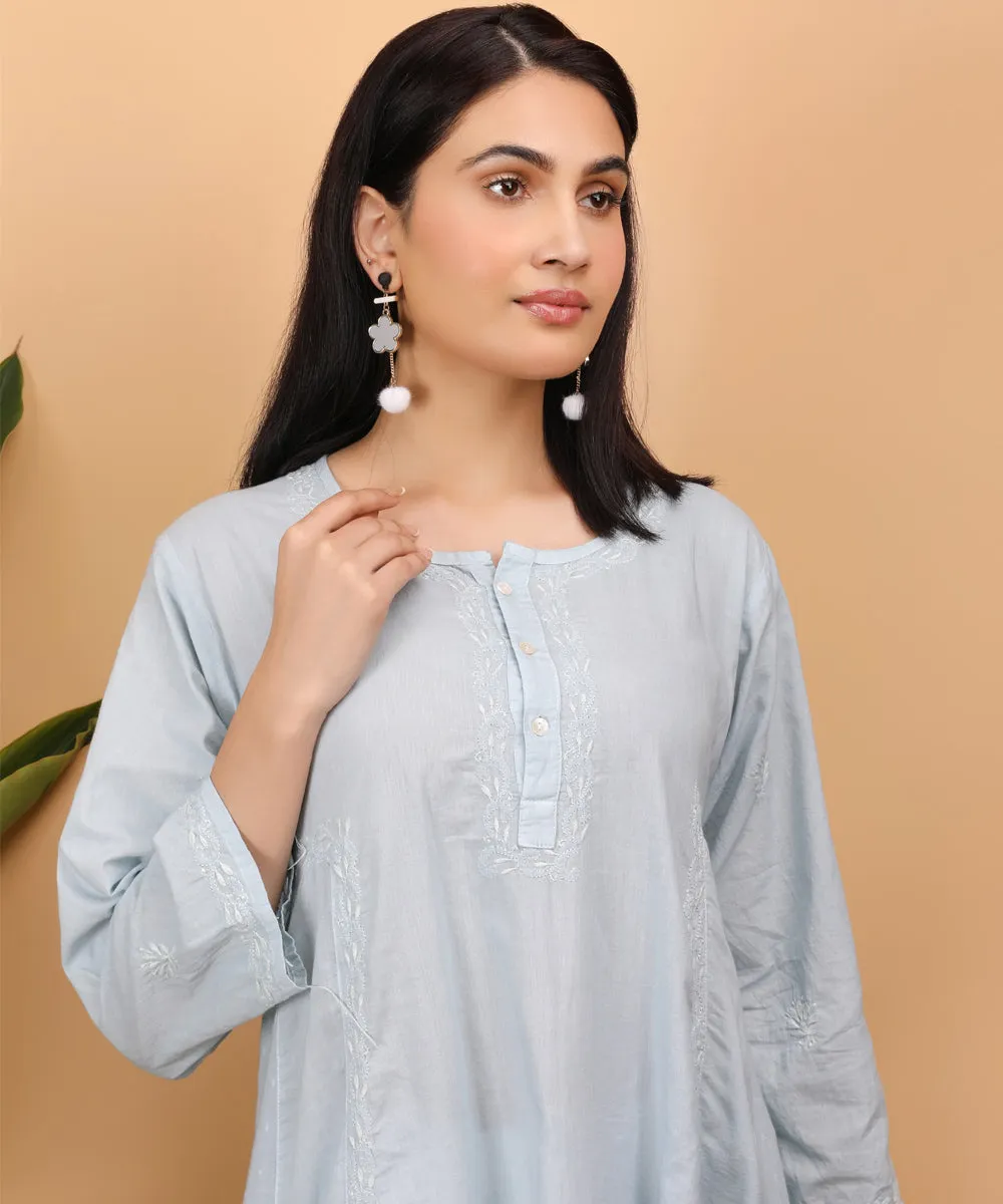 Grey hand embroidered chikankari cotton flared kurti