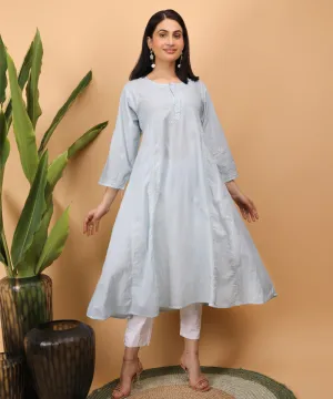 Grey hand embroidered chikankari cotton flared kurti