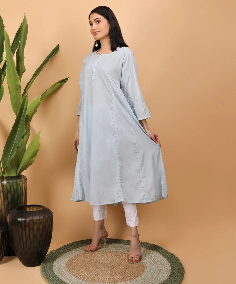 Grey hand embroidered chikankari cotton flared kurti