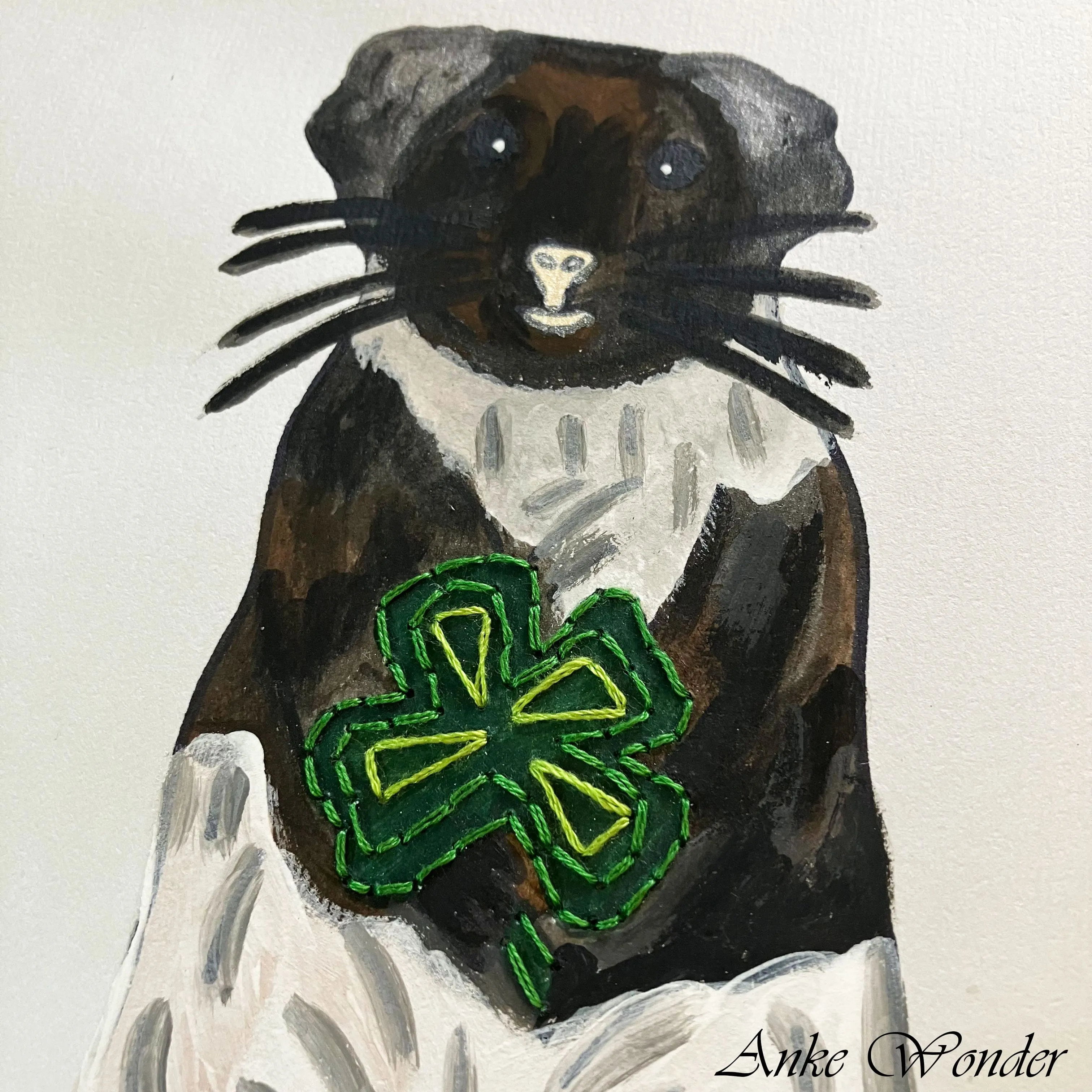 Hand-Embroidered Guinea Pig with Four-Leaf Clover Painting - Original