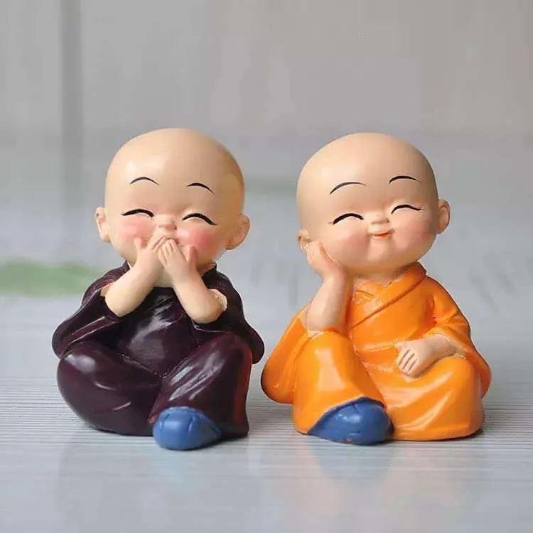 Indian Polyresin Buddha Monk Statues, Small, for Car Dashboard, Living Room, Table Top Multicolour, Set of 4 (Style_1