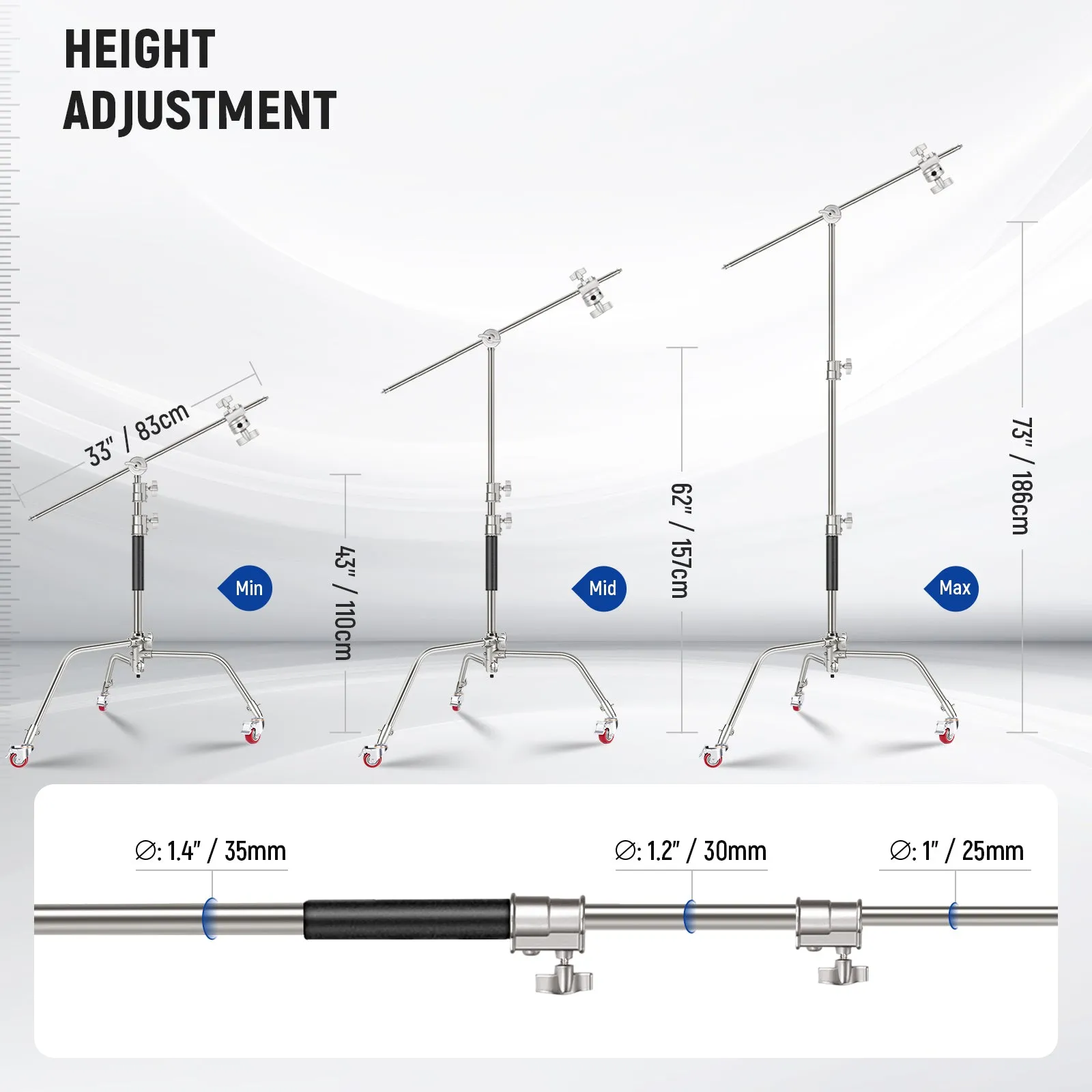 NEEWER SC186W 73"/186cm Stainless Steel Heavy Duty C Stand