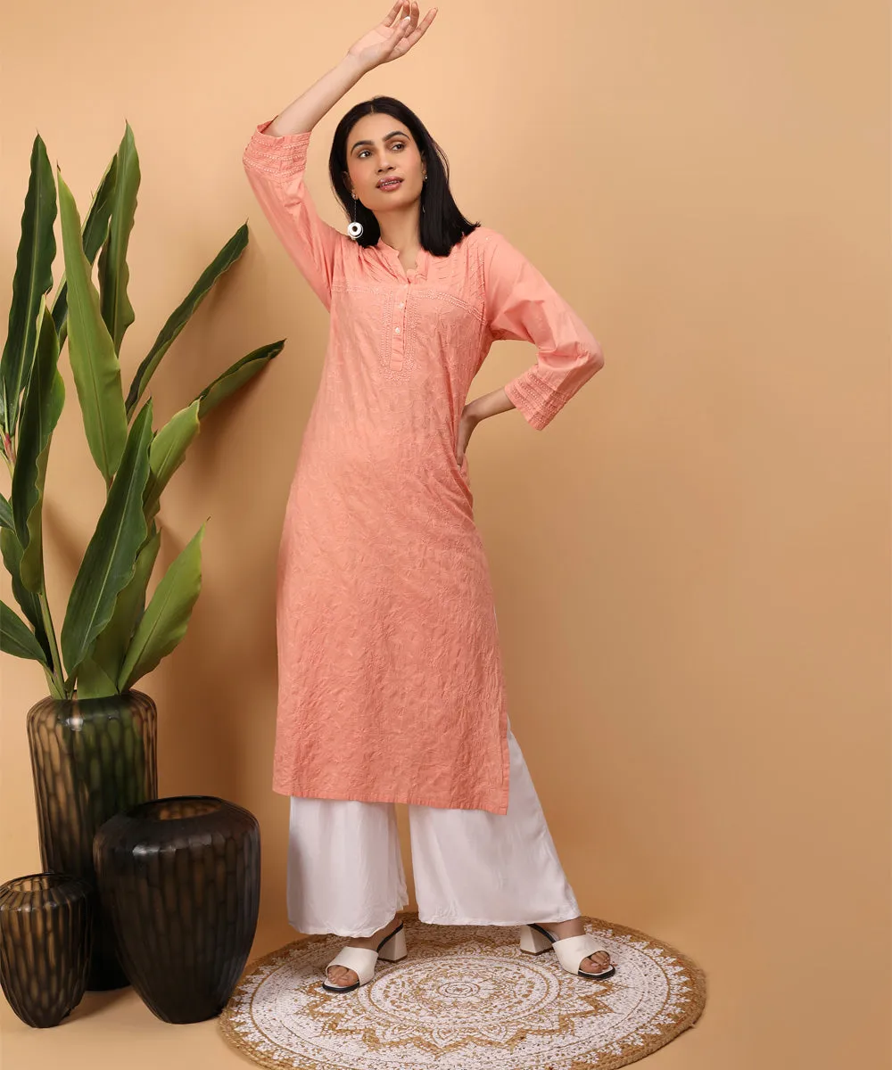 Peach hand embroidery cotton chikankari kurti