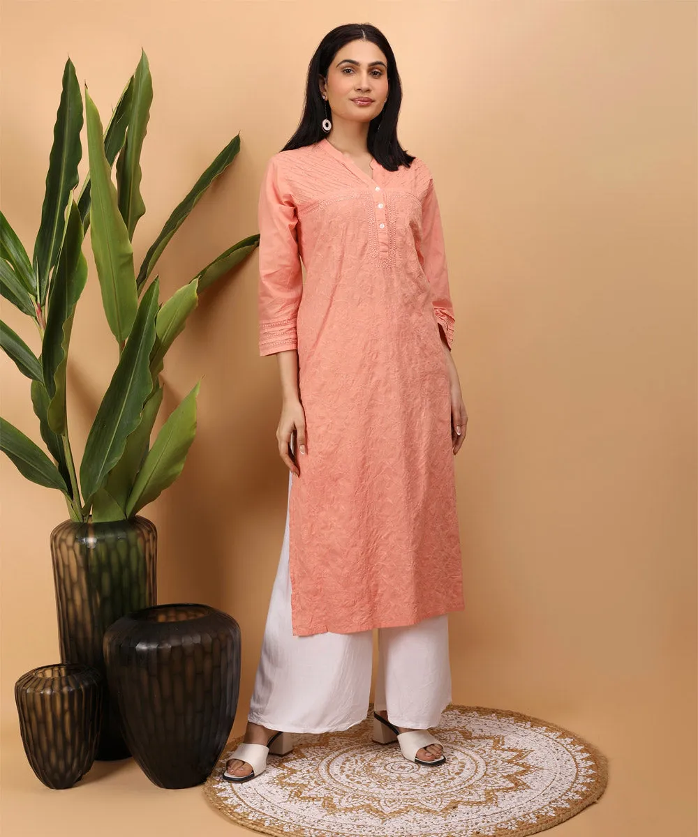 Peach hand embroidery cotton chikankari kurti