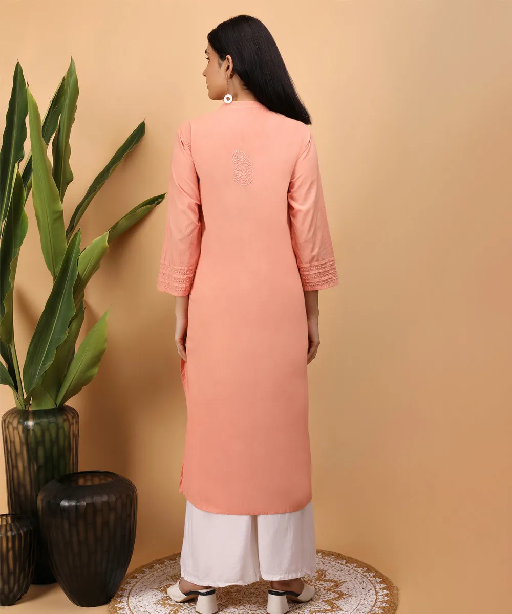 Peach hand embroidery cotton chikankari kurti