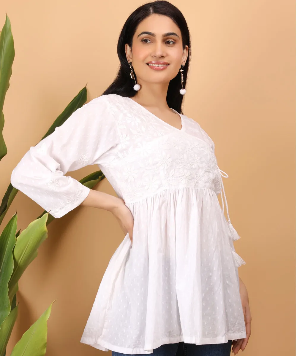 Pearl white cotton hand embroidery chikankari top