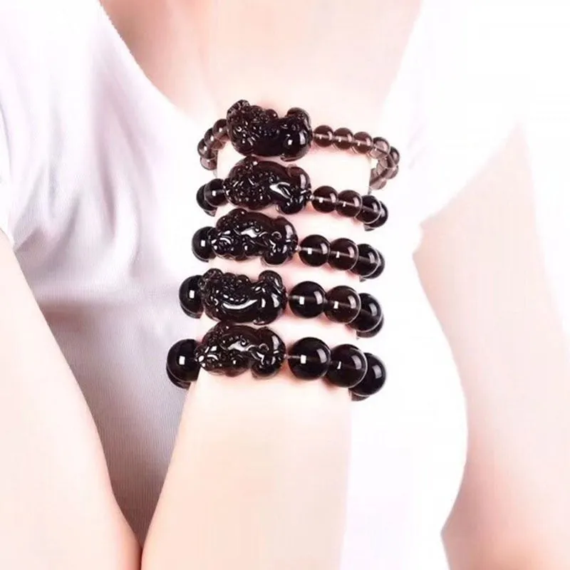 Pi Xiu Ice Shaped Lucky Bracelet Beads Good Fortune Pixiu Obsidian Crystal Bracelet