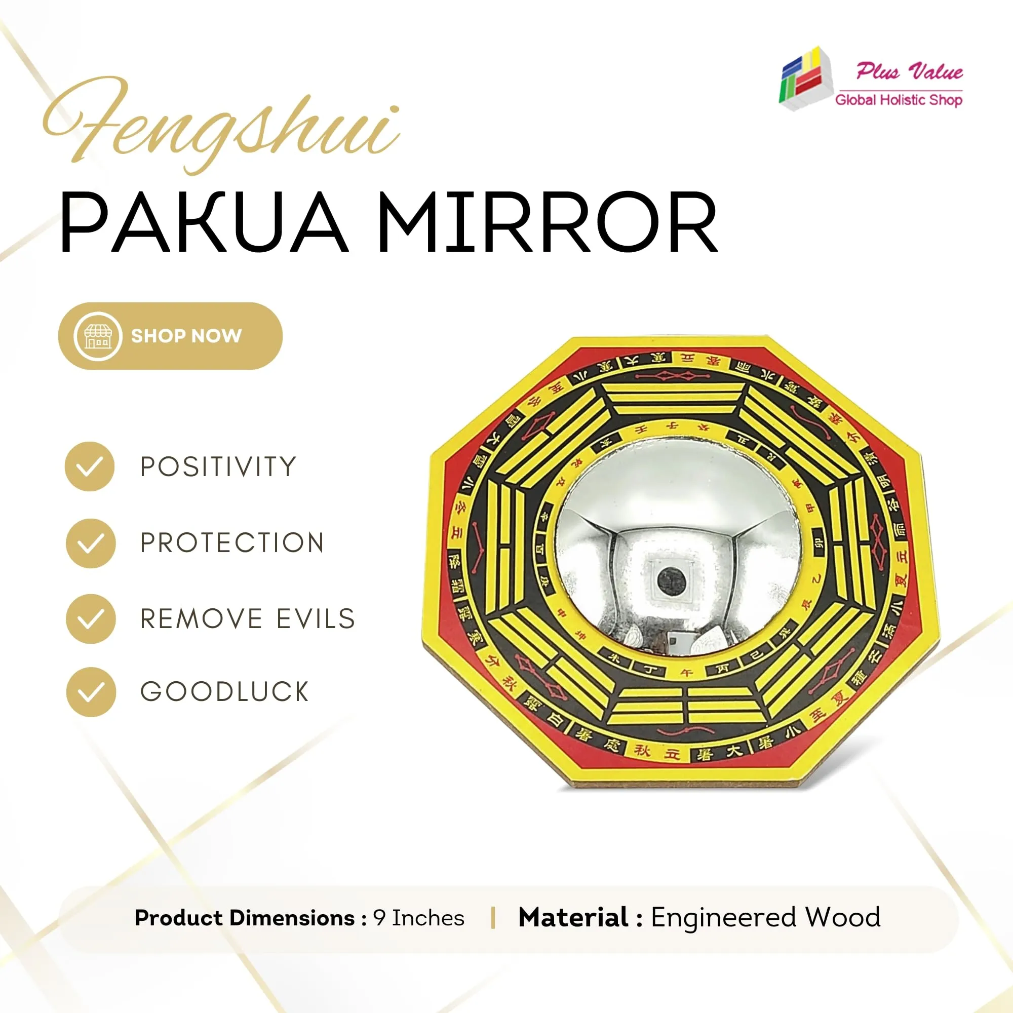 Plus Value Feng Shui Pakua Bagua Convex Mirror Home, Office, Shop, Business Main Door Entrance Protection from Evil Eye, Positive Energy (9 Inches, Wall Hanging Decor, Wooden)