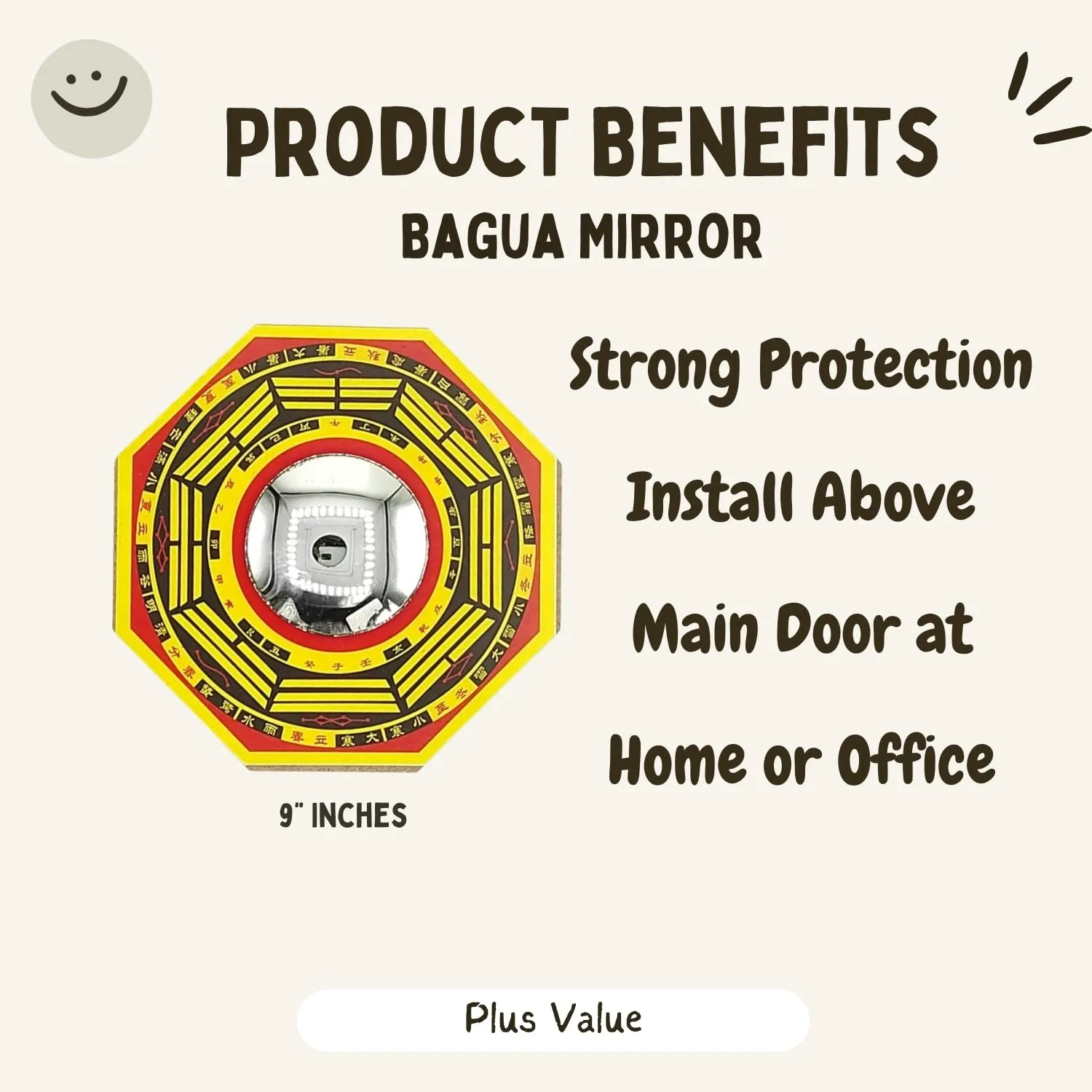 Plus Value Feng Shui Pakua Bagua Convex Mirror Home, Office, Shop, Business Main Door Entrance Protection from Evil Eye, Positive Energy (9 Inches, Wall Hanging Decor, Wooden)