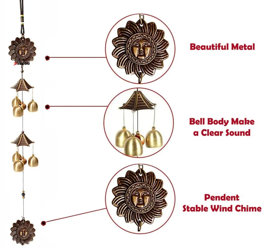 PSEUDO Traditional Sun Design Pendant Bell Blessing Fortune Hanging Wind Chime Decoration, Lucky Ornament Home (23 Inch)