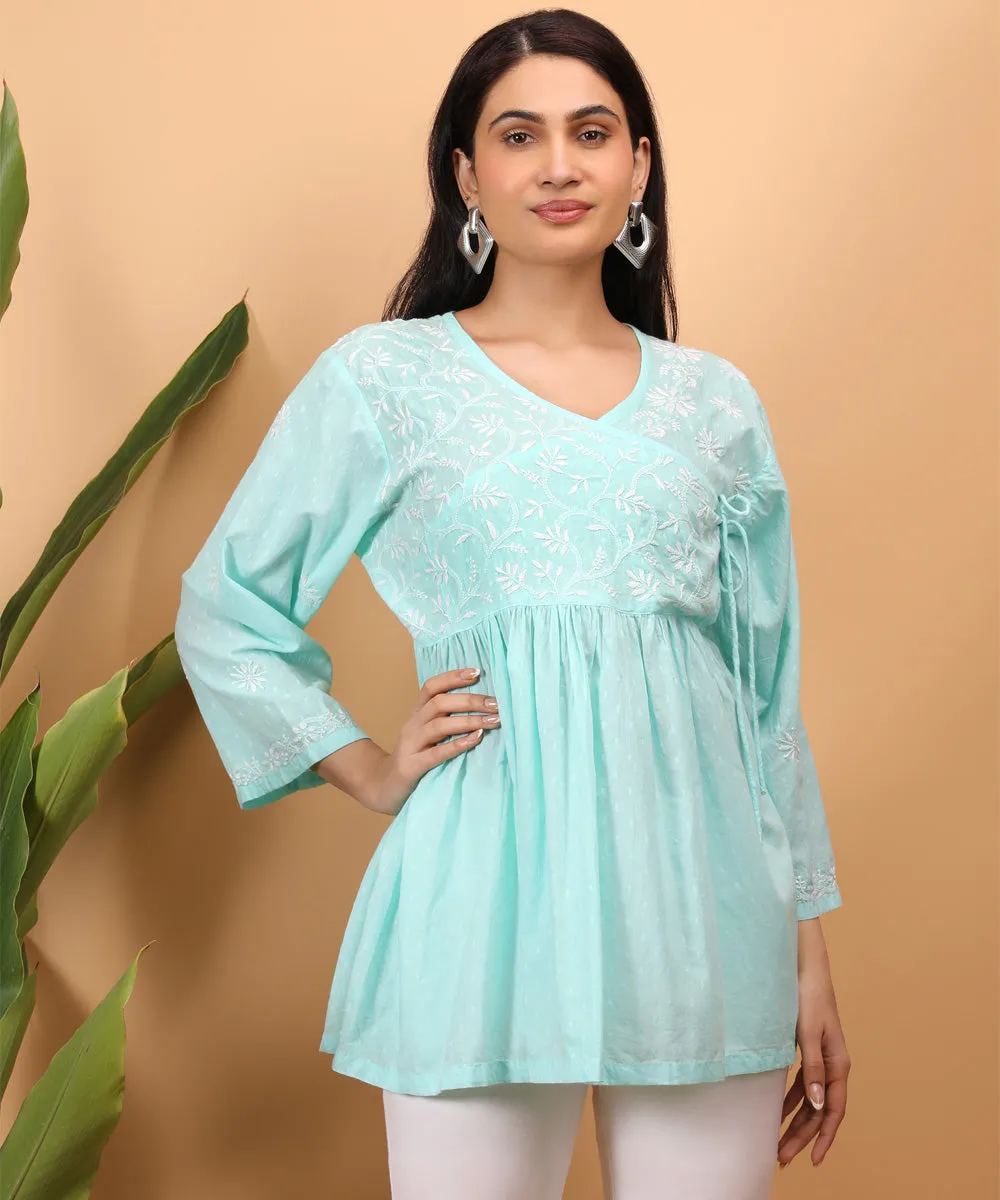 Sky blue hand embroidered chikankari cotton angrakha top