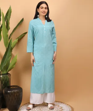 Sky blue hand embroidery cotton chikankari straight kurti