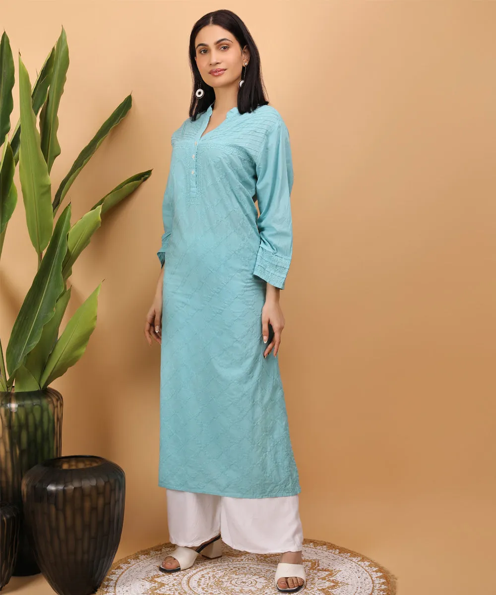 Sky blue hand embroidery cotton chikankari straight kurti