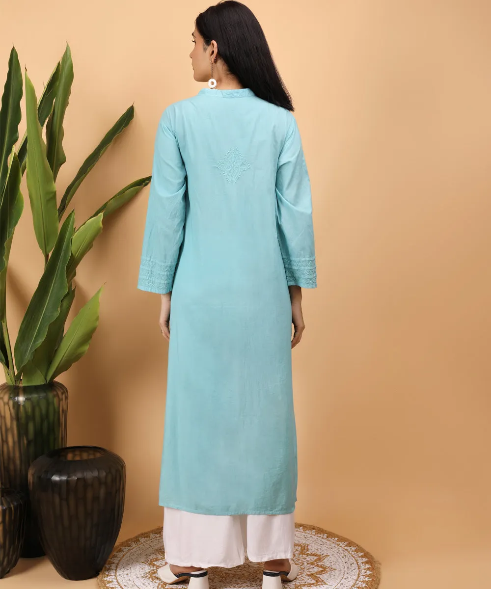 Sky blue hand embroidery cotton chikankari straight kurti