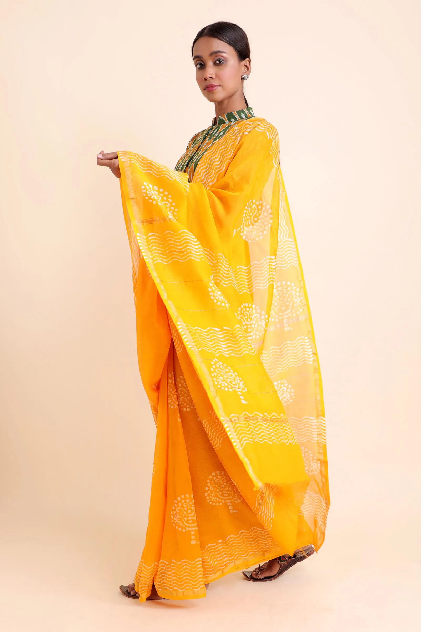 Sunflower Chanderi Cotton Silk Saree with Handblock