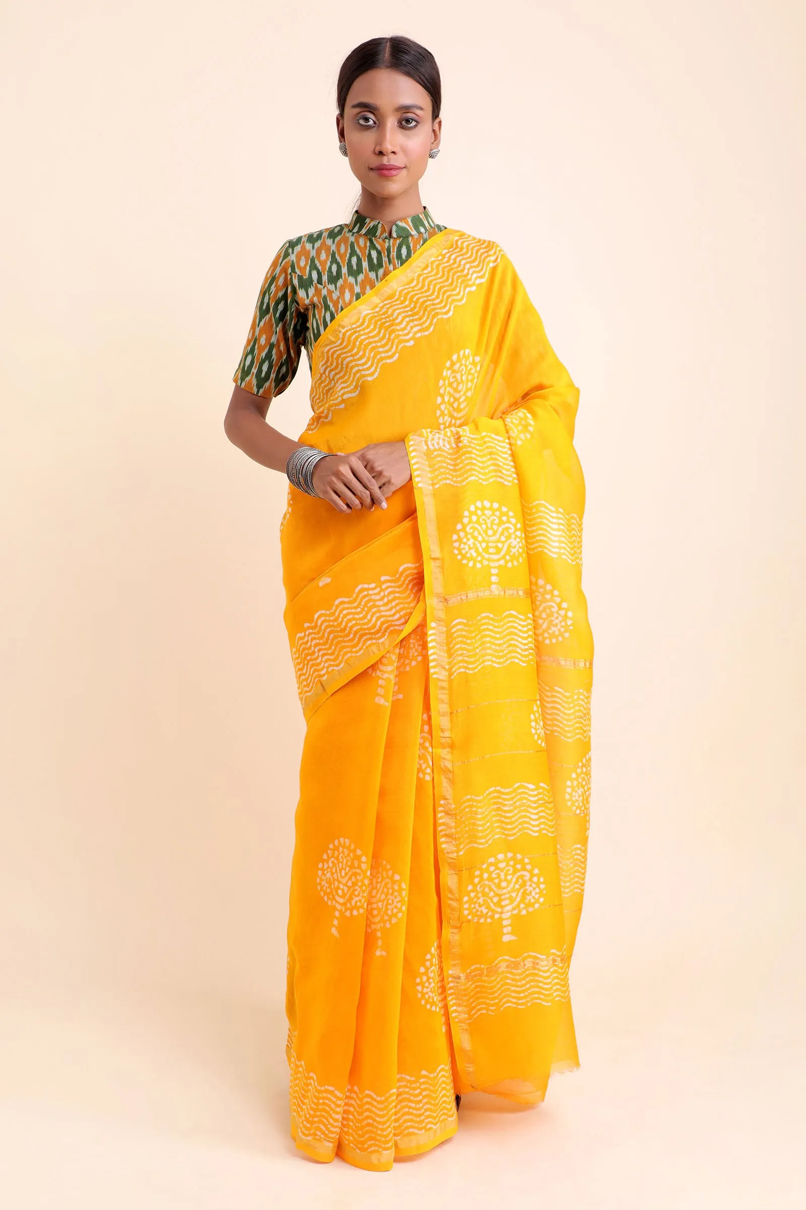 Sunflower Chanderi Cotton Silk Saree with Handblock