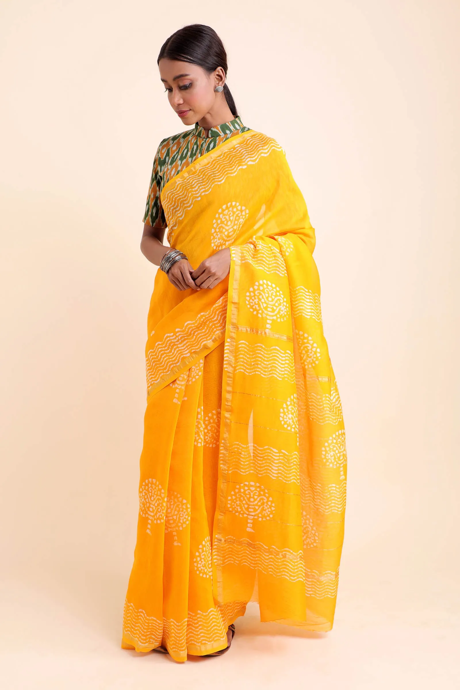 Sunflower Chanderi Cotton Silk Saree with Handblock