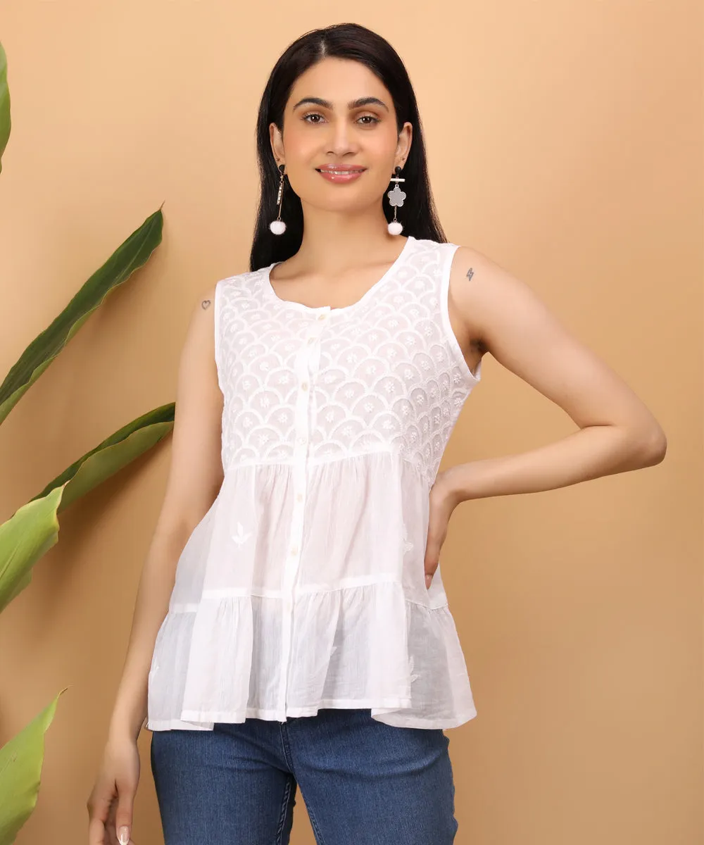 White hand embroidered cotton chikankari sleeveless top