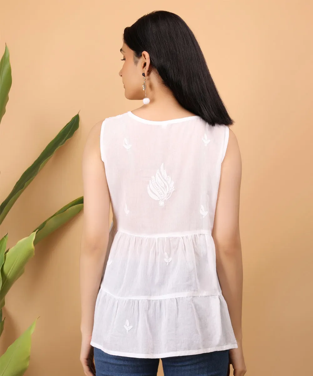 White hand embroidered cotton chikankari sleeveless top