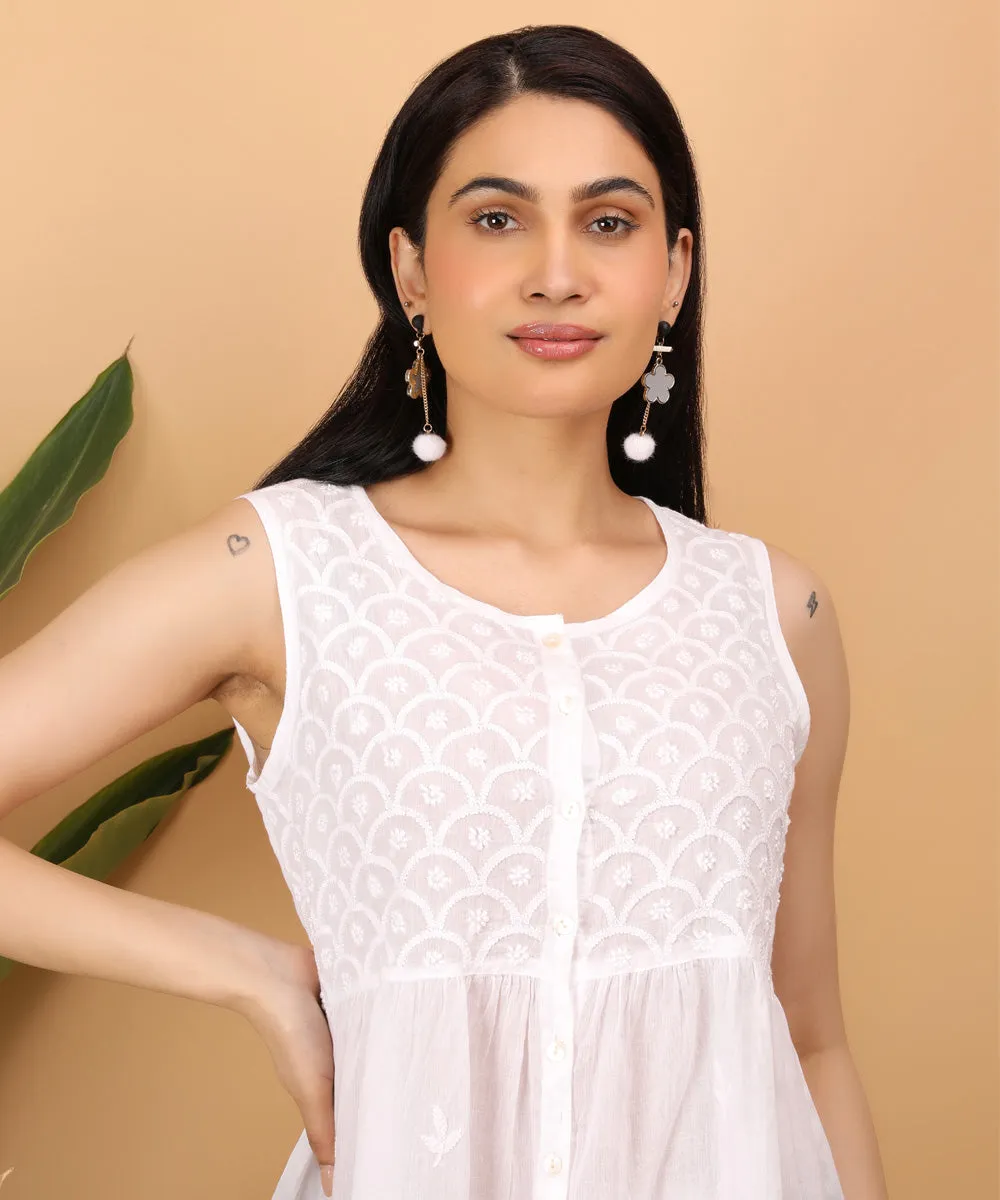 White hand embroidered cotton chikankari sleeveless top