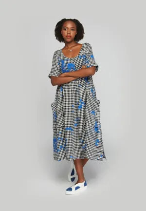 ZANE Mid-length, checkered gauze linen dress